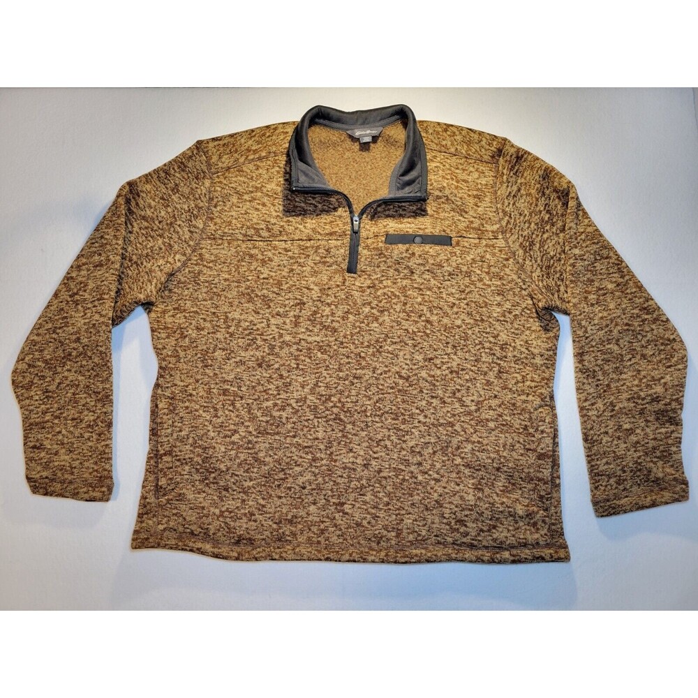 Eddie Bauer Sweater Snap‎ Button 1/4 Zip Henley Brown Fleece Pullover Mens 2XL